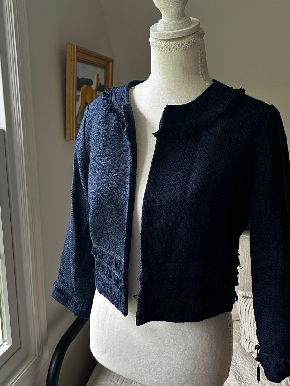 Karl Lagerfeld Navy Tweed Cropped Fringe-Trim Blazer - Picture 2 of 8